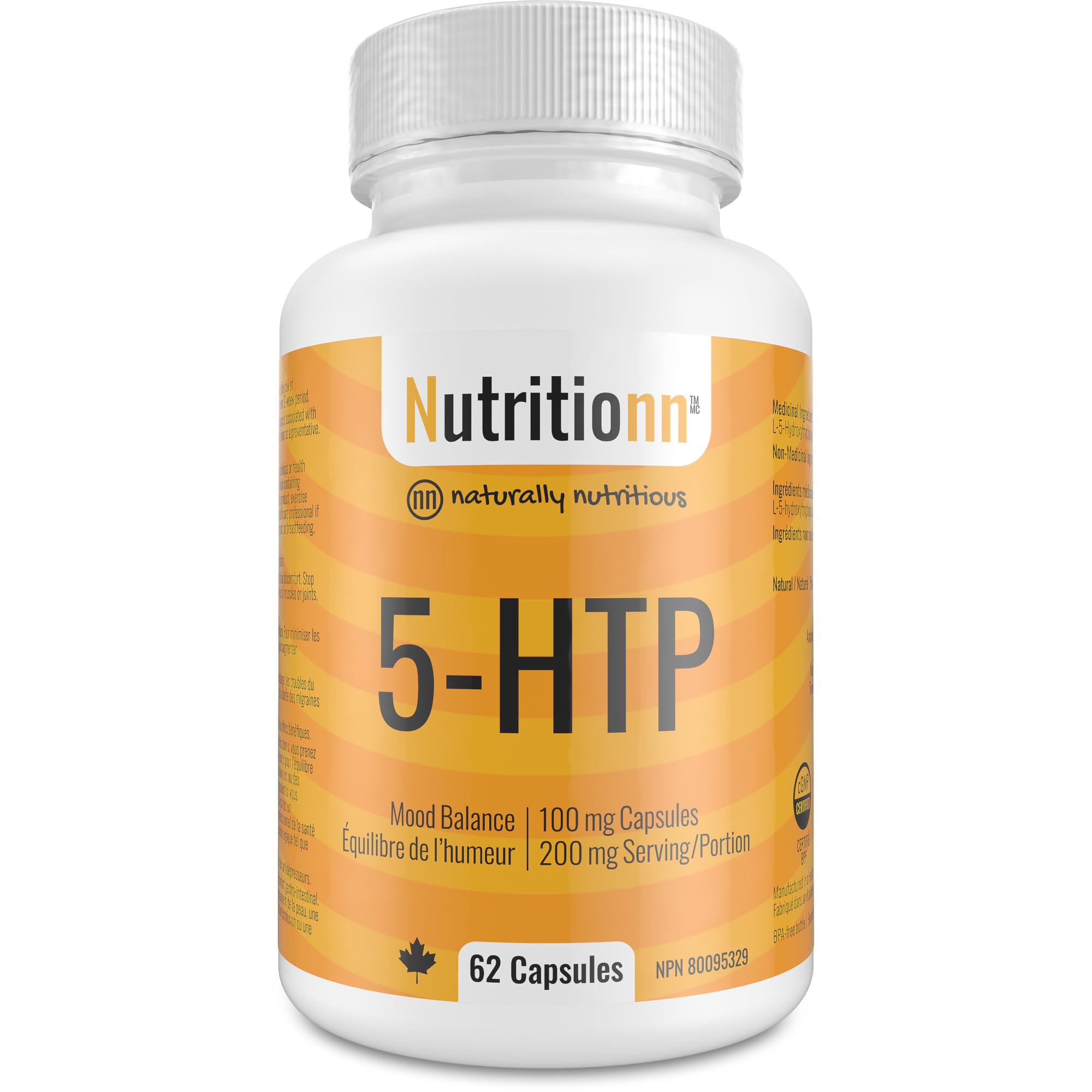 5-HTP Supplement - For Mood Balance, Sleep, Migraines - Made in Canada, Third-Party Tested - Premium Natural Serotonin Booster for Women and Men - 100 mg Capsules, 200 mg Once Daily - Nutritionn