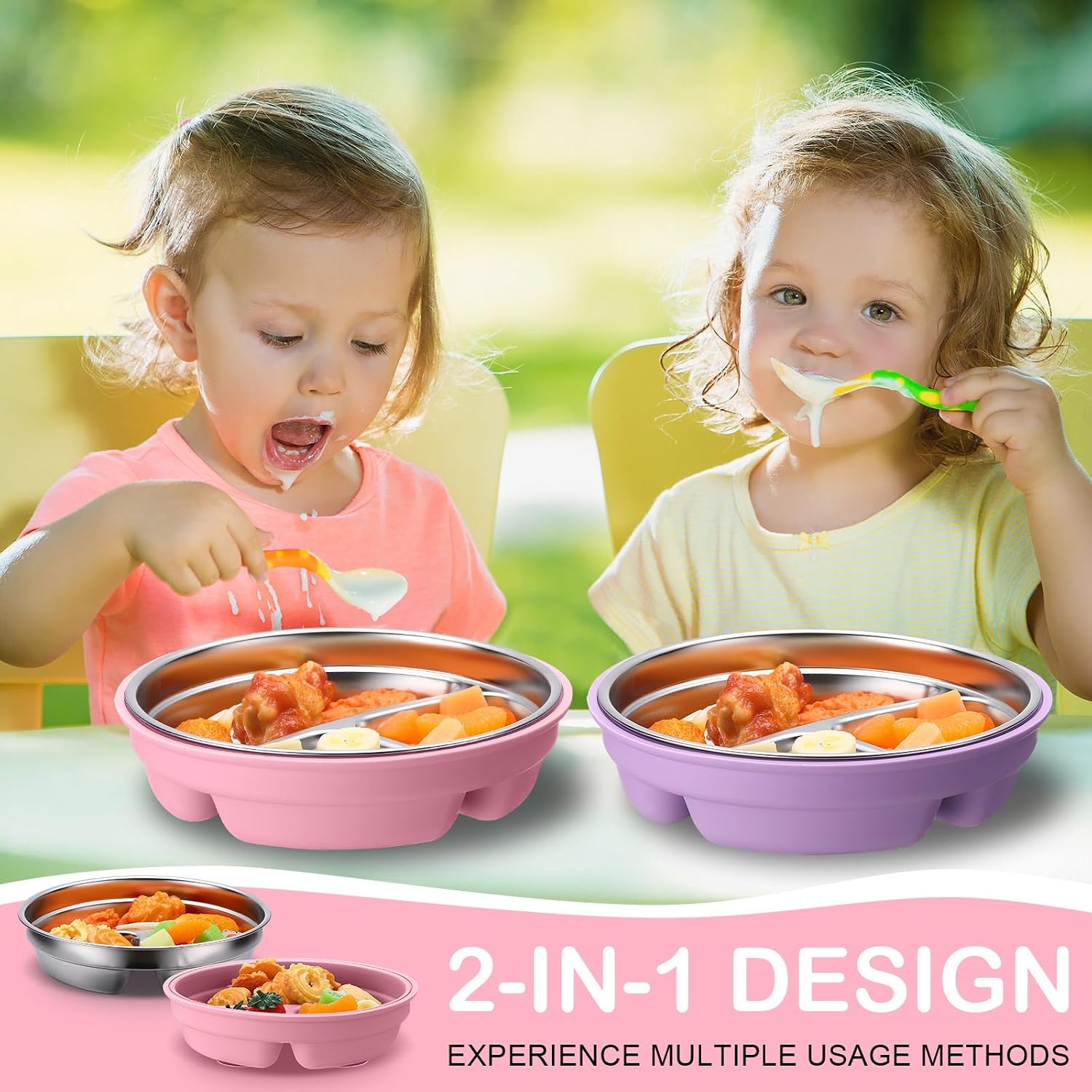 nuogo 2 pcs stainless steel baby suction plates with removable silicone shell 2-in-1 metal toddler bowl divided for picky eaters kids feeding led weaning supplies, dishwasher safe (purple,pink)