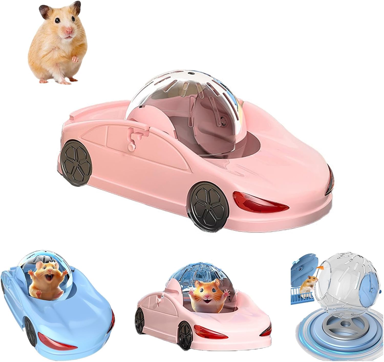 Hamster Exercise Ball Sports Car,Hamster Car with Detachable Transparent Ball,Funny Exercise Wheel for Hamsters,3 Modes Available,Suitable for Dwarf Small Pet – Safe, Breathable and Cute (Pink, 5.7″)