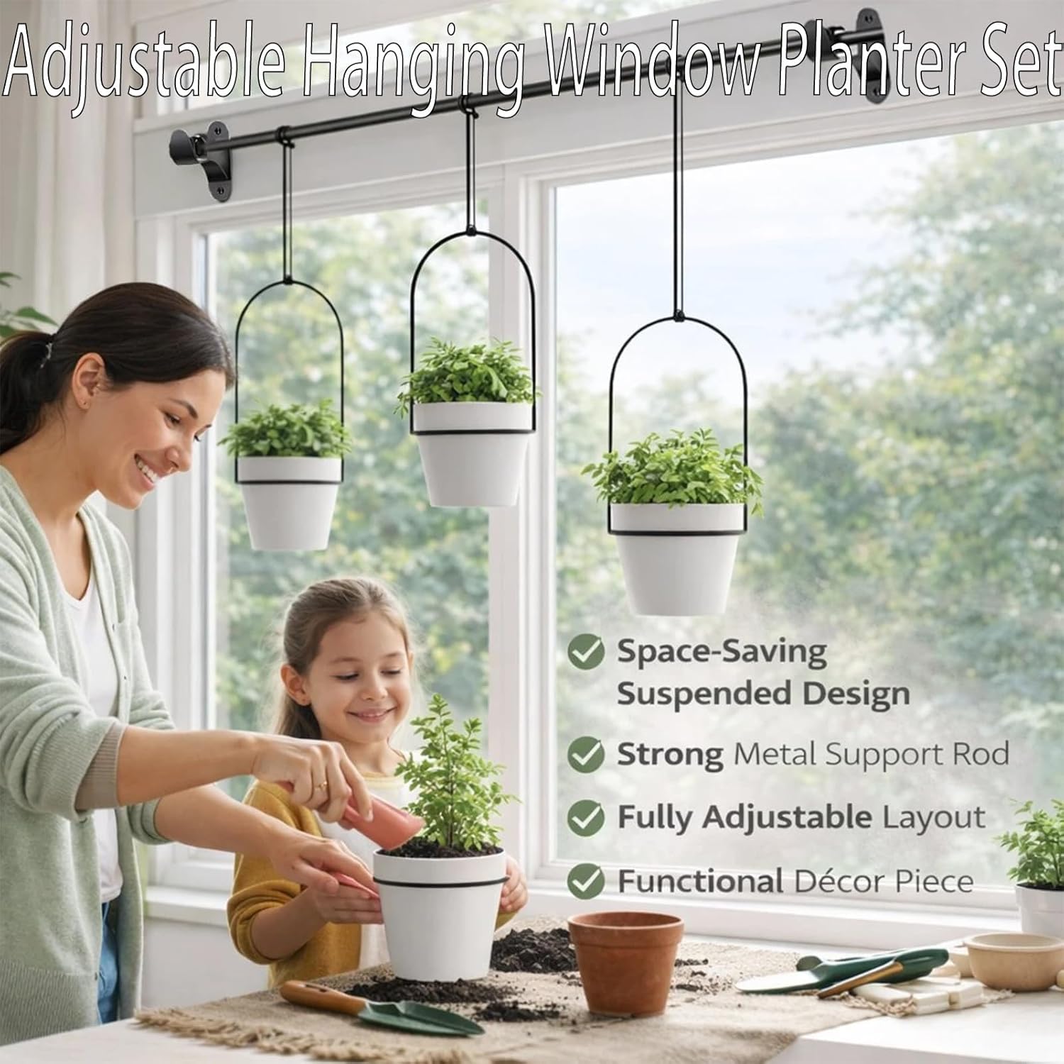 Adjustable Hanging Window Planter Set – Metal Rod Plant Hanger with 3 Pots for Indoor & Outdoor Green Display, Window Plant Holder for for Garden, Home, Space-Saving Hanging Planters (White)