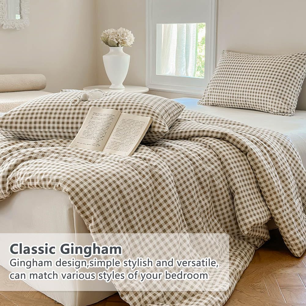 NSNLGSGC Tan Gingham Cotton Comforter Set King, 100% Washed Cotton Taupe Plaid Checked Comforter Bedding, 3 Pieces Vintage Farmhouse Grid Bedding Set(Tan Gingham, King)