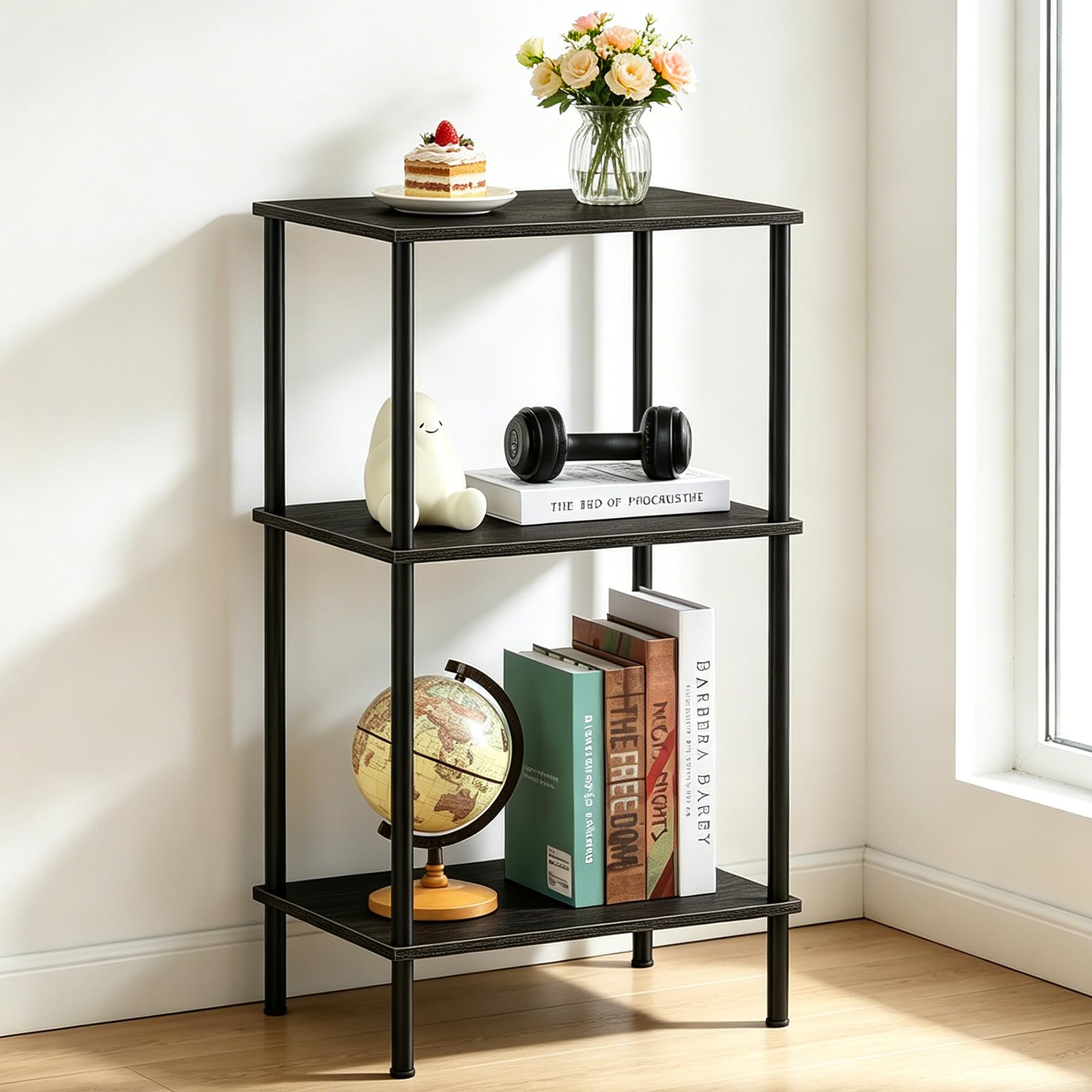 Tavolino alto per piccoli spazi, tavolo alto a 3 livelli con ripiani aperti per soggiorno, comodino industriale nero, tavolino alto, 40 × 32 × 76,5 cm