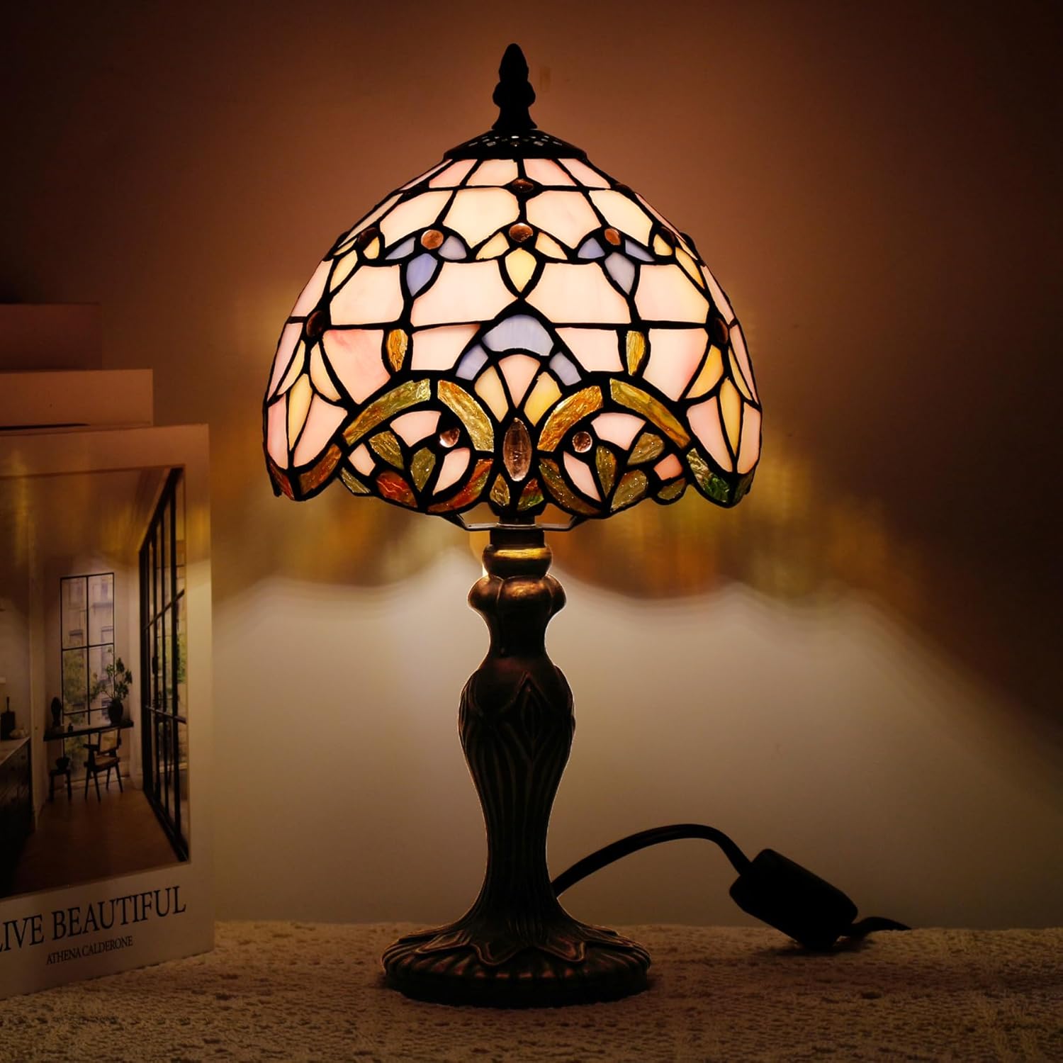 Small Tiffany Lamp Stained Glass Table Lamp Mini Desk Accent Light for Bedroom Bedside Reading Home Antique Style Decor 8X15 Inches (Pink Baroque)