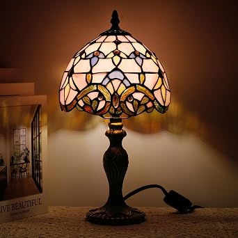 Small Tiffany Stained Glass Table Lamp,Pink Baroque | Mini Desk Accent Light, Bedroom Bedside Reading, Antique Style Decor, 8X15 Inches