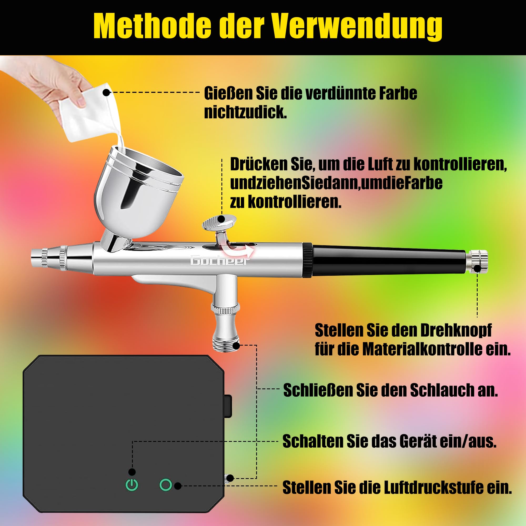Gocheer 40 PSI Airbrush Set Mit Tragbarem Kompressor - Dual Action Multi-Funktion Für Kuchendekoration, Makeup, Kunsthandwerk, Nageldesign, Tattoo-Modellierung, Malerei