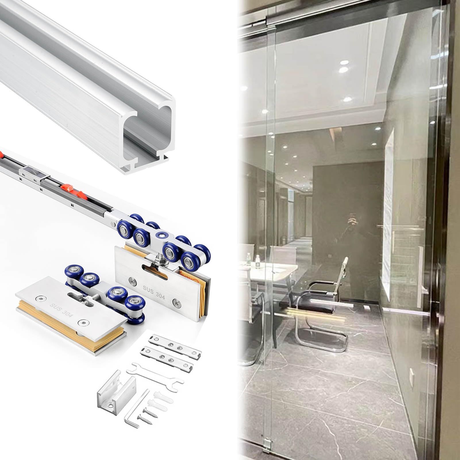 YDHSIKK Glass Sliding Door Track, Soft Close Aluminum Sliding Barn Door Track Kit For Glass Doors Multicolor Multiple Sizes(Silver-white,390cm/12.8ft)