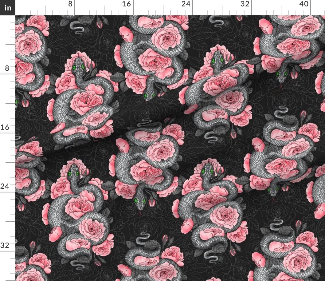 Spoonflower Fabric - Roses Illustration Reptile Tattoo Floral Snake Dark Printed on Petal Signature Cotton Fabric by The Yard - Sewing Quilting Apparel Crafts Decor