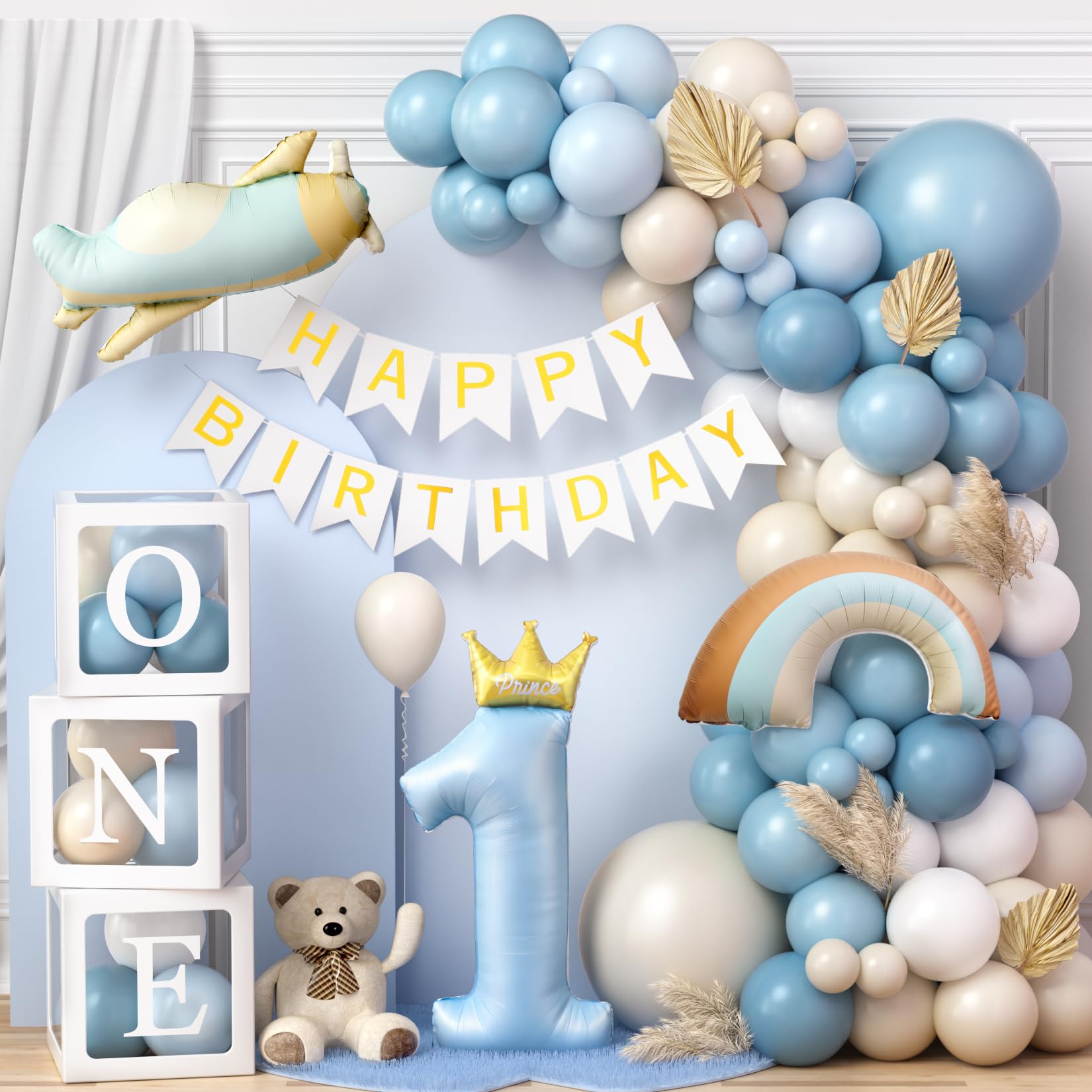 Toyssa Geburtstagsdeko 1 Jahr Junge Blau, Deko 1. Geburtstag Junge mit Ballonbox Folienballons Happy Birthday Girlande, Luftballon Girlande Blau für Erster Geburtstag Kinder