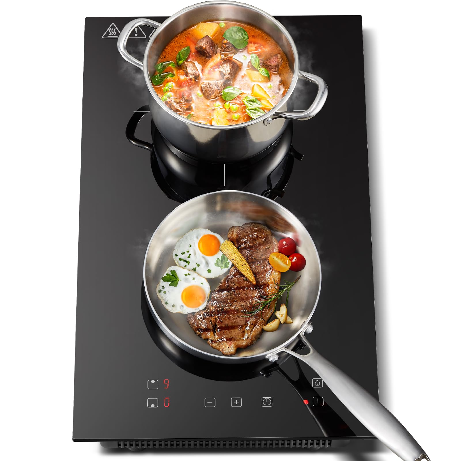KICHPOWER Built-in 2 burners induction hob, electric hob 30 cm, touch control, 3300 W, 9 power levels, boost function, timer 1-99 min