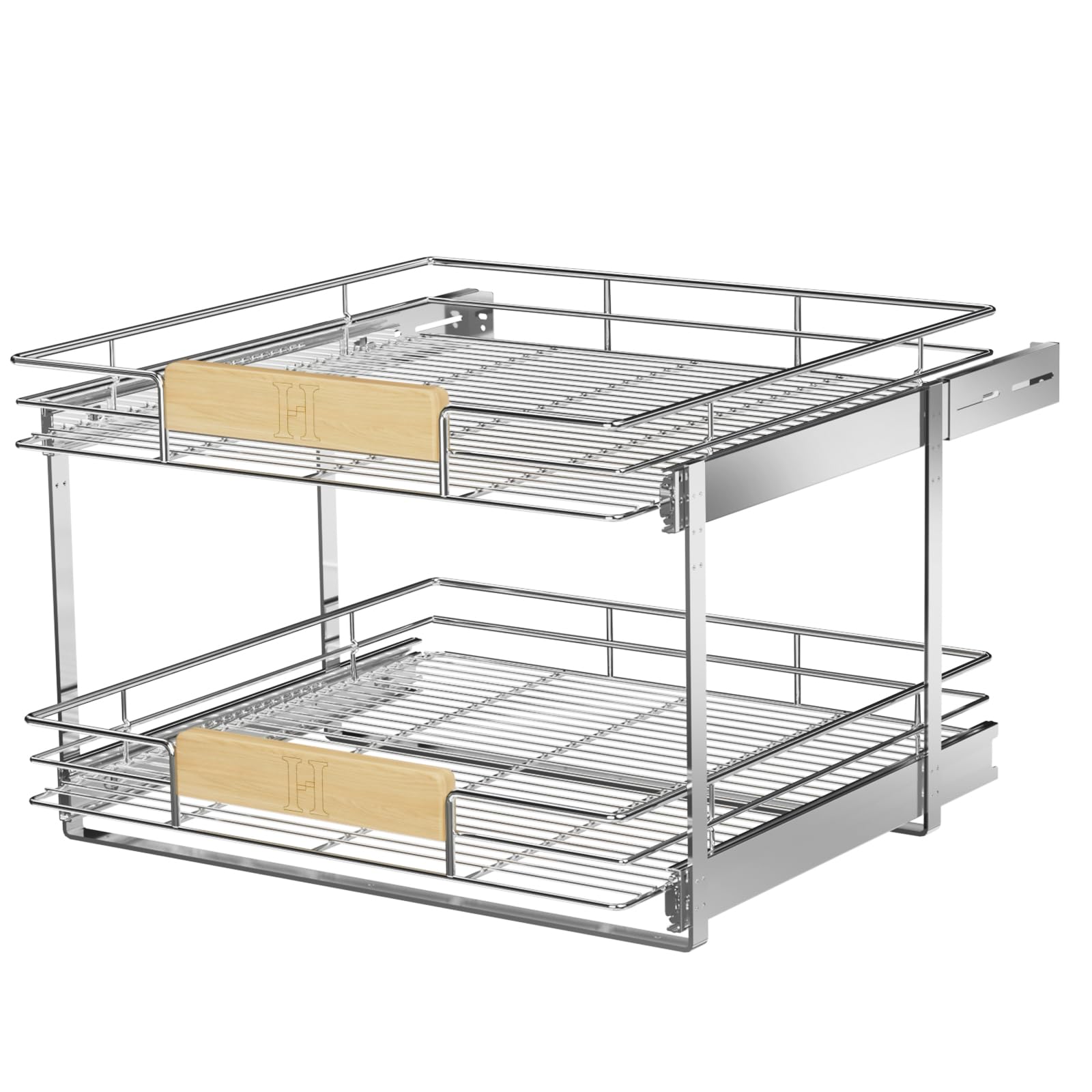 LOVMOR 2-Tier Pull-Out Cabinet Organizer installed in a kitchen cabinet, showcasing organized items.