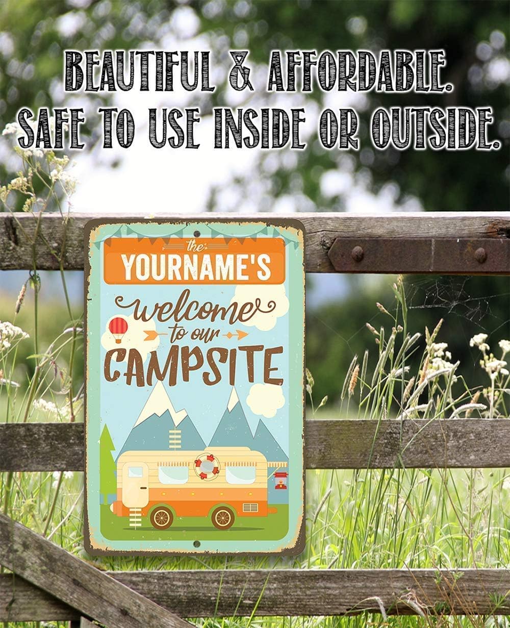 Camping Sign - Personalized - Welcome To Our Campsite - Metal Sign - Use Indoor/Outdoor - Great Funny Camping Signs for Campers, Trailer, RV Decor, and Camping Gifts