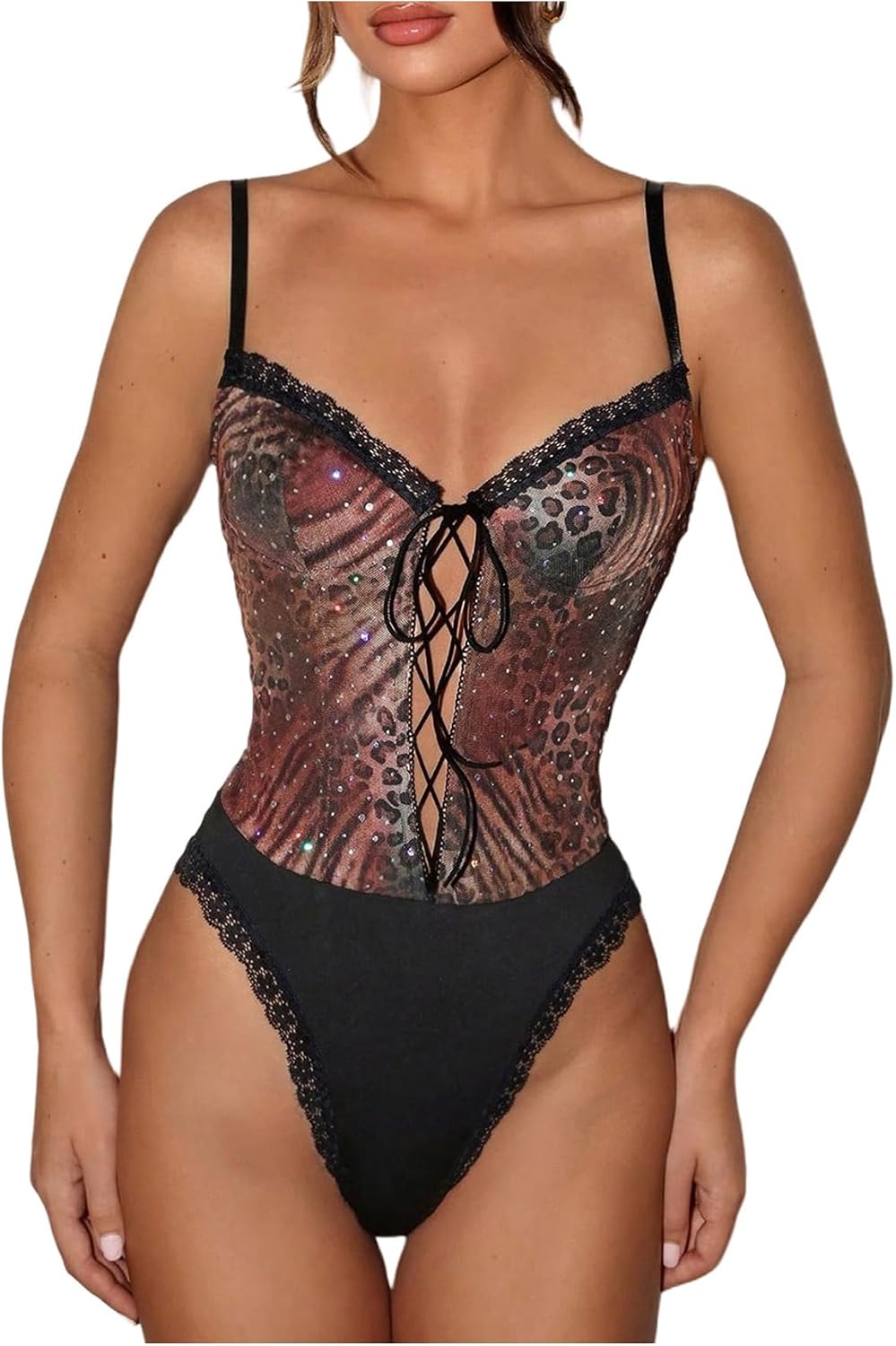 RoseSeek Women's Rhinestone Cheetah Patchwork Bodysuit Lace Up Spaghetti Strap Camisole Bodysuits