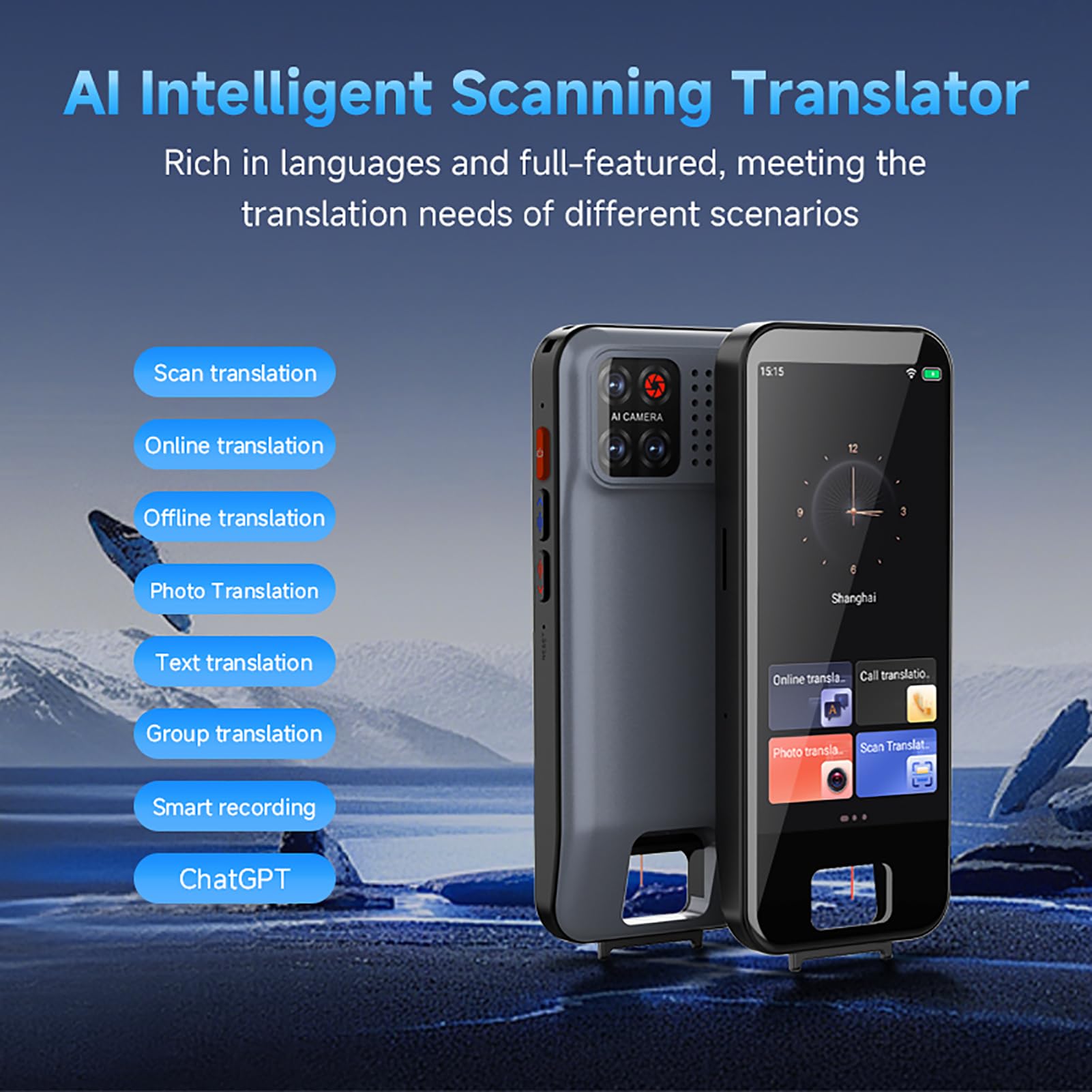 Jectse Traducteur Intelligent, AI Scan Photo Text Call Enregistrement Intelligent Dispositif de Traduction Hors Ligne avec Prise en Charge de 90 Langues et Appareil Photo 5MP, pour Une