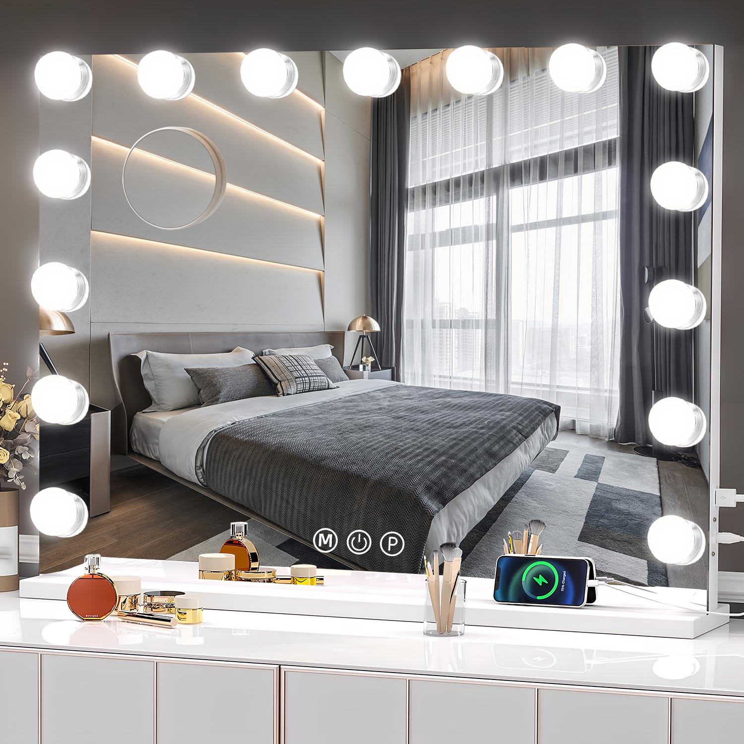 Genérico Espejo de Maquillaje con Luz LED, 3 Temperatura de Color, 15 Bombillas, Ajustable, Control Táctil, Enchufar, 58x46 cm, Montaje en Mesa y Pared, Carga USB