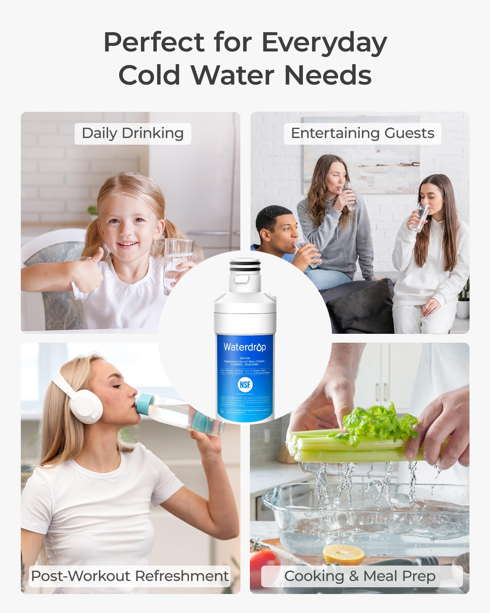 Waterdrop LT1000PC ADQ747935 MDJ64844601 filtr wody do lodówki, zamiennik dla LG® LT1000P®, ADQ74793501, ADQ74793502, Kenmore 46-9980, 9980, certyfikat NSF, opakowanie 3 szt