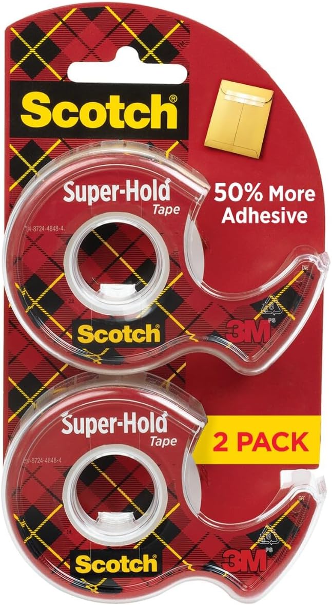 Scotch Super-Hold Tape, 2 Rolls, 3/4 x 600 Inches, Dispensered | Transparent Finish, 50% More Adhesive, Trusted Favorite, 198DM-2