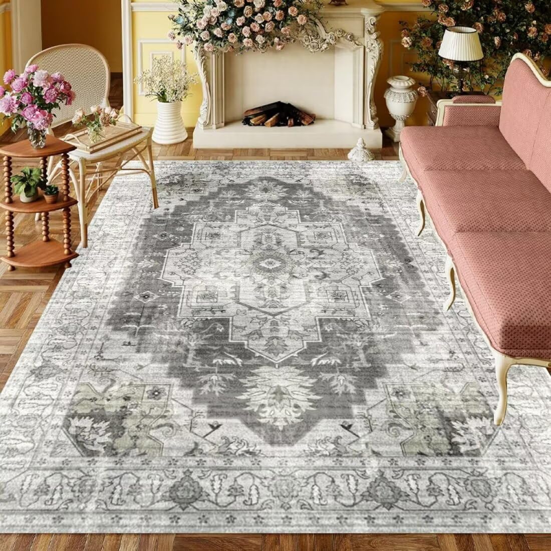 Tapis antidérapant 80X160CM gris moelleux grand tapis de salon chambre motif rétro
