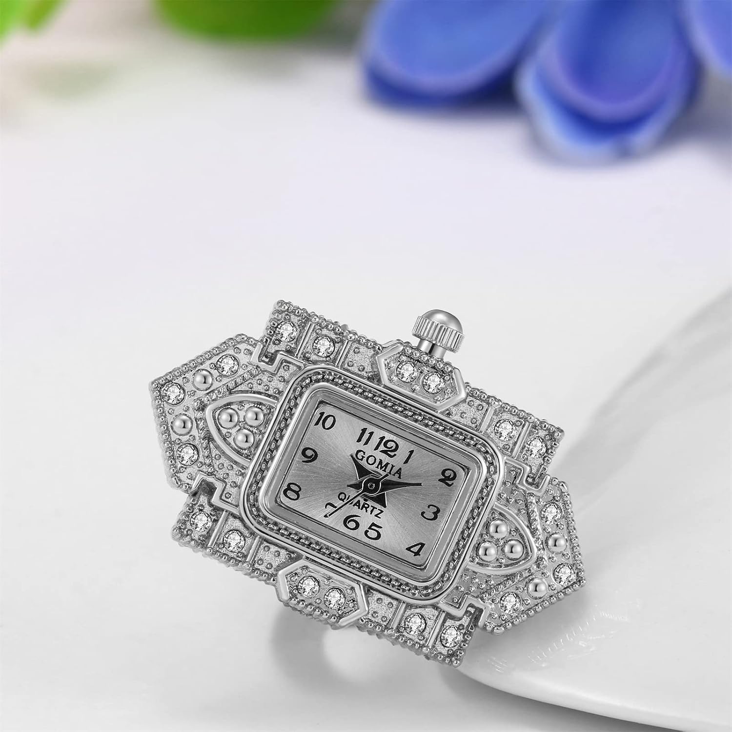 JewelryWe Novelty Finger Watch Silver Gold Tone Adjustable Square Dial Quartz Watches Rings for Valentine's Day