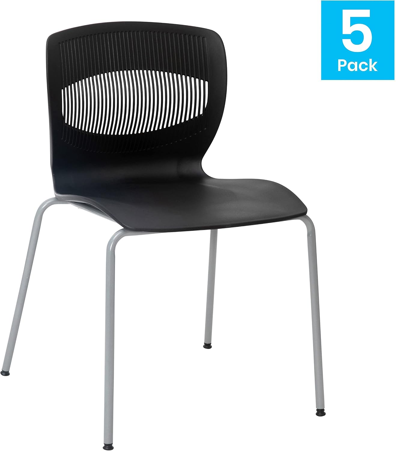 Flash Furniture Hercules Series Set of 5 Commercial Stack Chair - Roomy Wide 770 lb. Capacity - Lumbar Support - Durable Plastic - Silver Steel Frame - Black