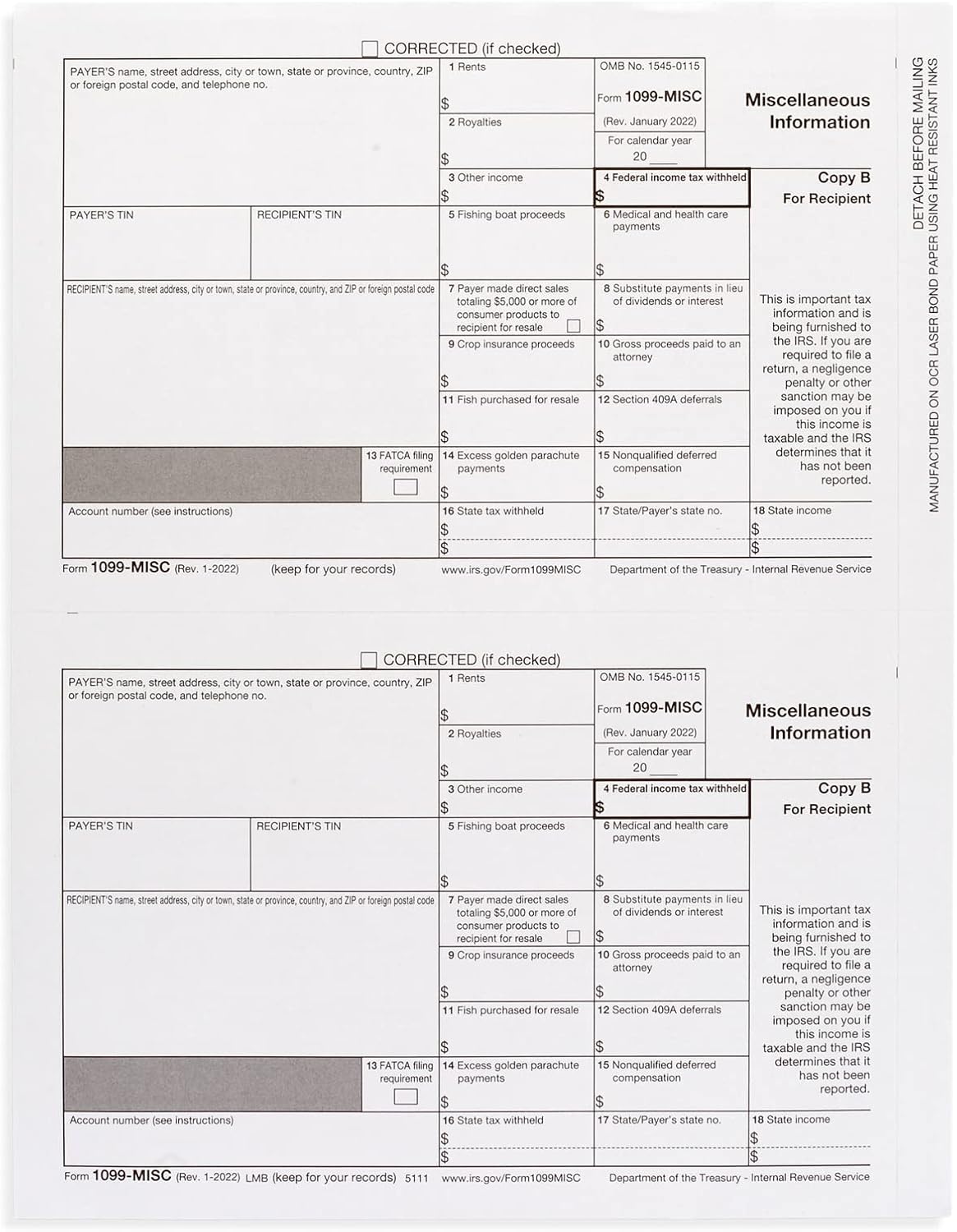 Blue Summit Supplies 1099 MISC 5 Part Tax Forms Bundle, 12 Pack Vendor Kit of Laser Forms Designed for QuickBooks and Accounting Software, 12 Self Seal Envelopes Included : Office Products