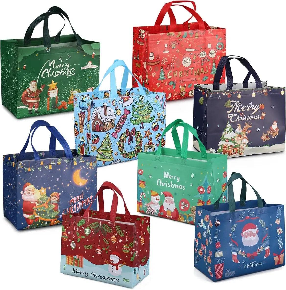 Coclux 8PCS Bags, Multifunctional Non-Woven Christmas Bags for Gifts Wrapping Shopping, Xmas Party Supplies, 12.8"ร9.8"ร6.7"
