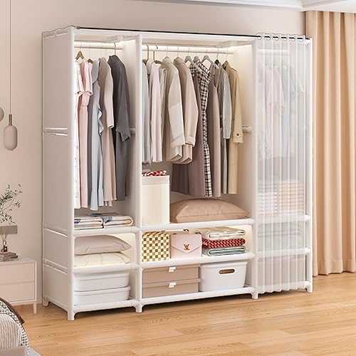 Miniatura 3 de Armario portátil, armarios portátiles para colgar ropa, armario de estilo japonés con 3 varillas para colgar, 9 estantes de almacenamiento, 56.2