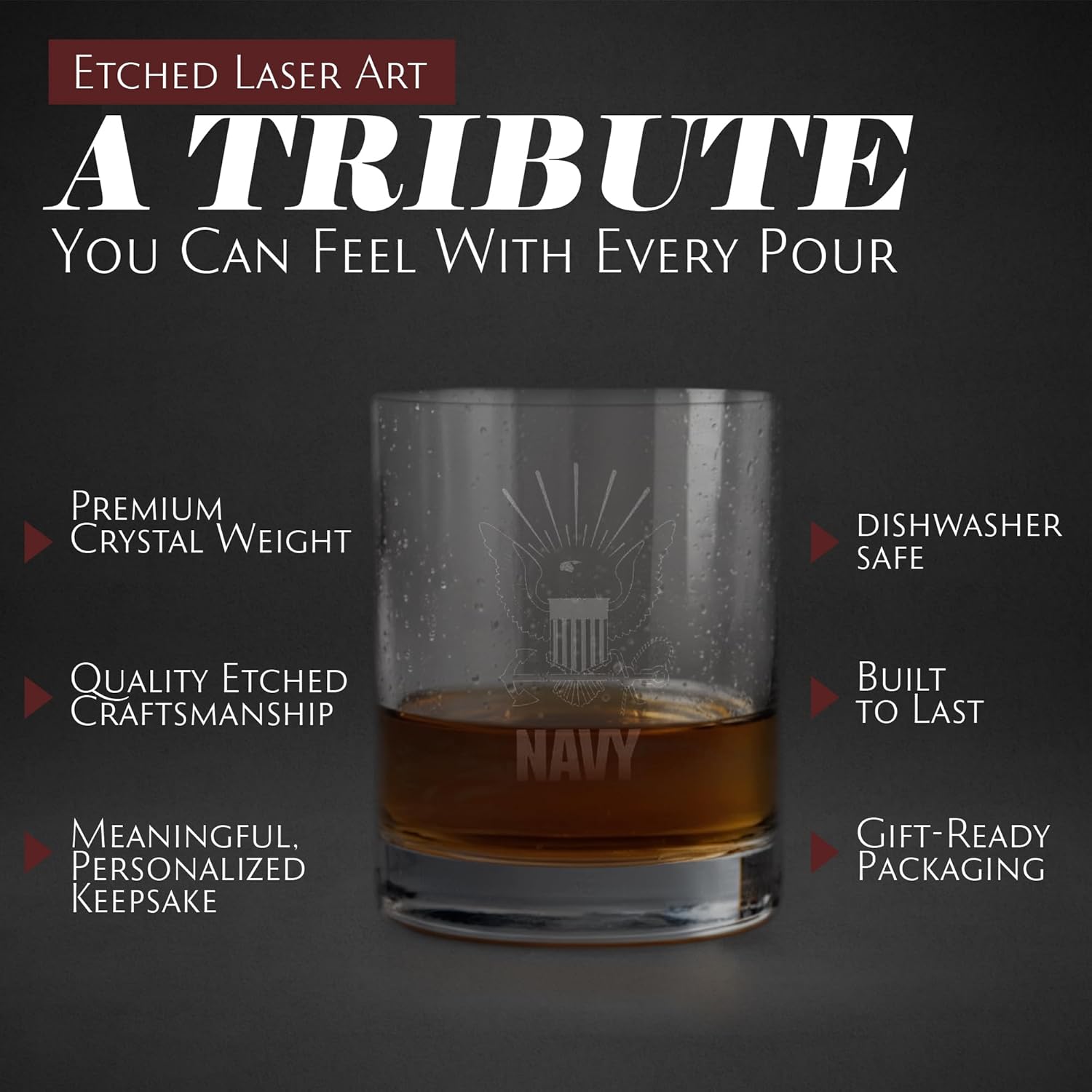 Etched Laser Art Personalized Navy Whiskey Glasses - Crystal Rocks Whisky Glass, US Military, Veterans, Retirement, Birthdays, Christmas, Groomsmen Gifts, Dishwasher Safe - 11 oz
