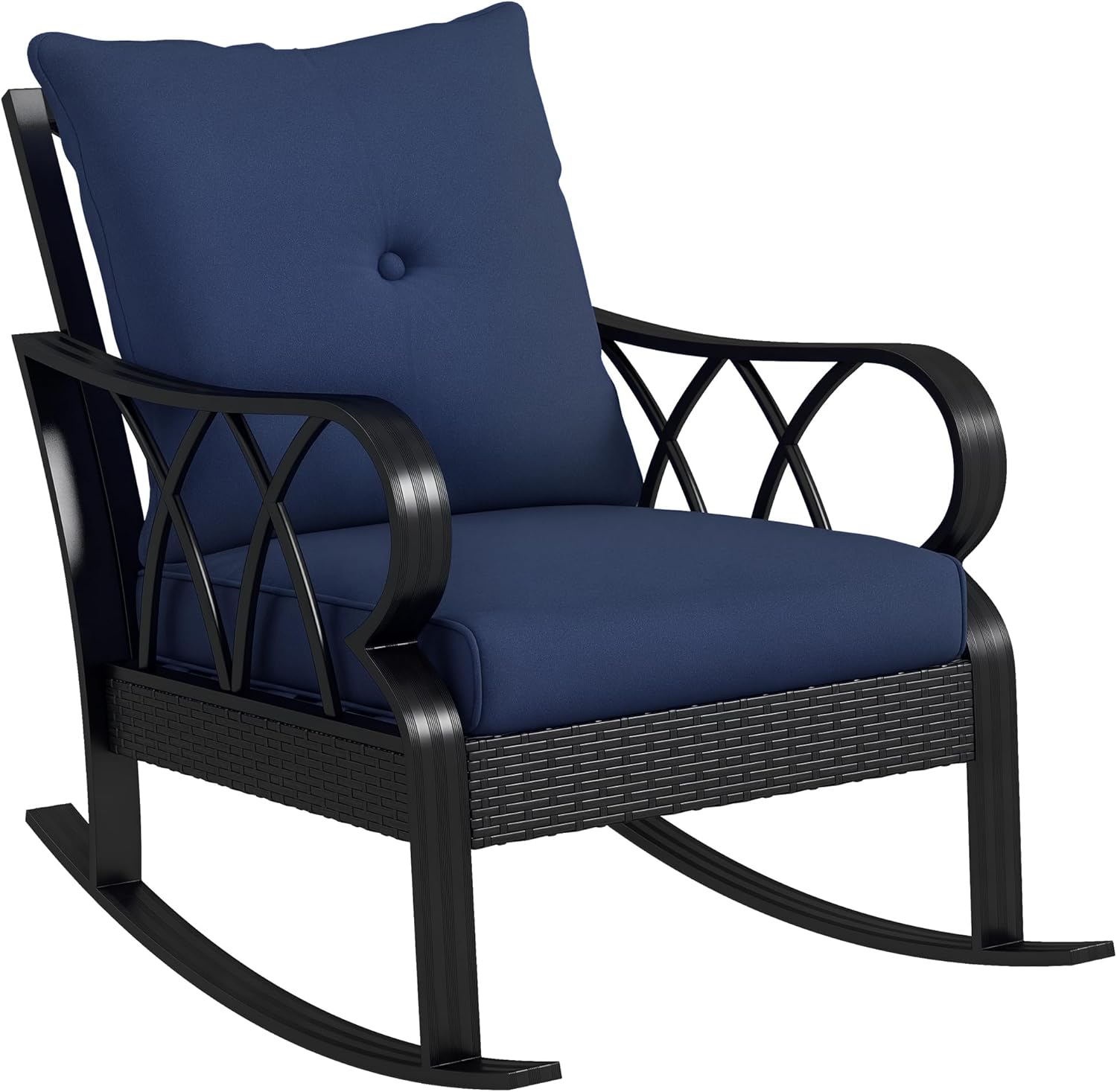 Outsunny Navy Blue Wicker Rocking Chair with Padded Cushions - All-Weather Aluminum Rattan Patio Rocker for Porch, Garden, Backyard