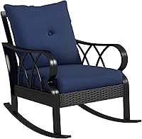 Outsunny Navy Blue Wicker Rocking Chair with Padded Cushions - All-Weather Aluminum Rattan Patio Rocker for Porch, Garden, Backyard