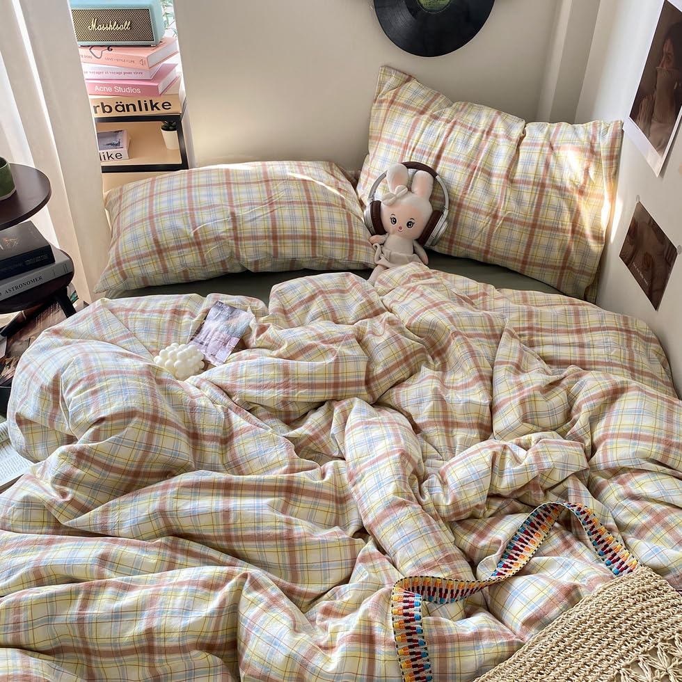 Image of EAVD Vintage Style Buffalo Plaid Duvet Cover Twin Size 3 Pieces Grid Plaid Bedding Set Soft 100% Washed Cotton Aesthetic Gingham Duvet Cover with 2 Pillowcases Colorful Grid Checkered Bedding Set