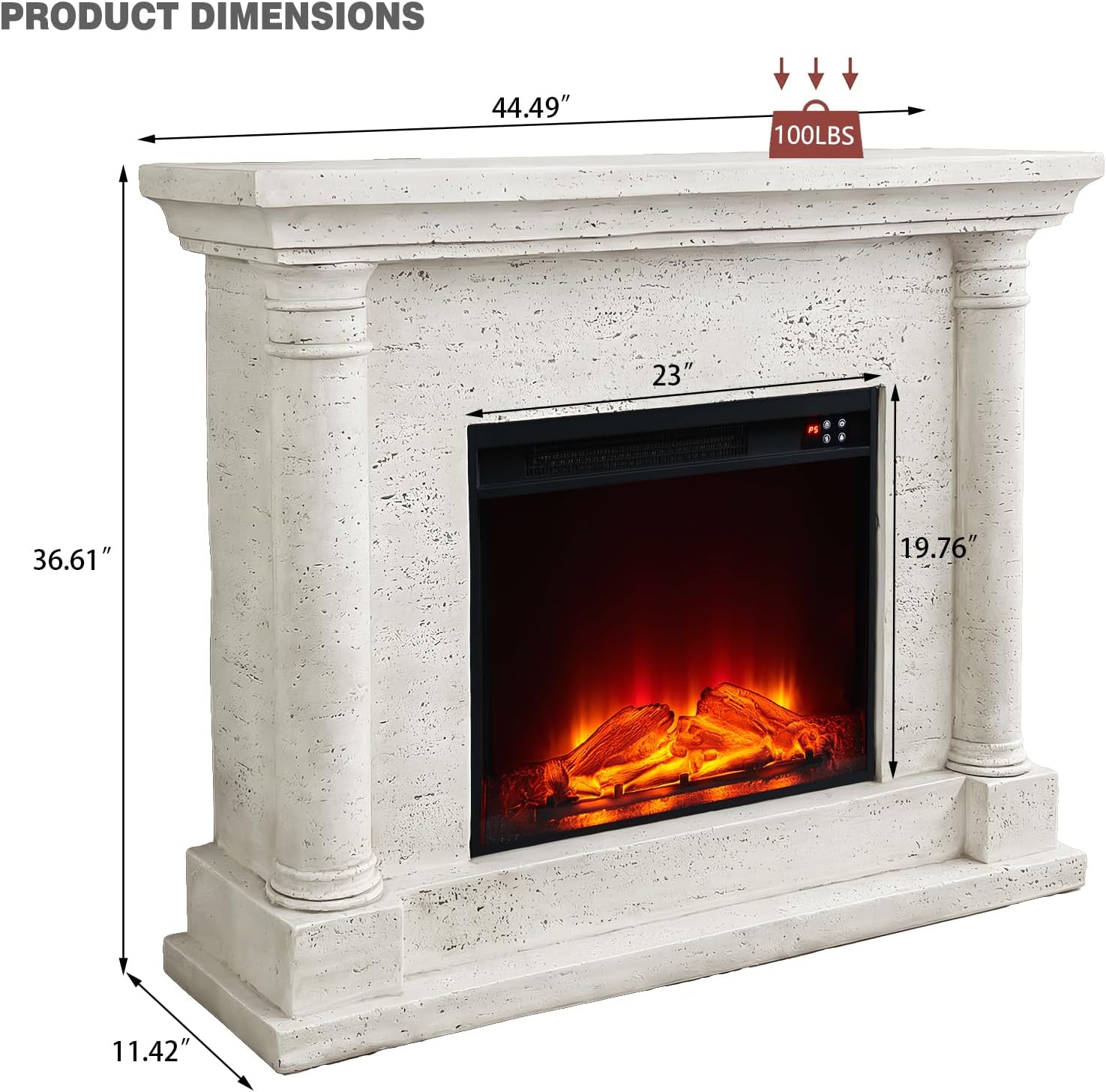 LIVILAND 44.5" MGO Electric Fireplace Mantel, Faux Stone Freestanding Heater, 100LB TV Stand Top, Realistic Flame, Remote & Overheat Protection, Modern Farmhouse Deco (Ivory Travertine)