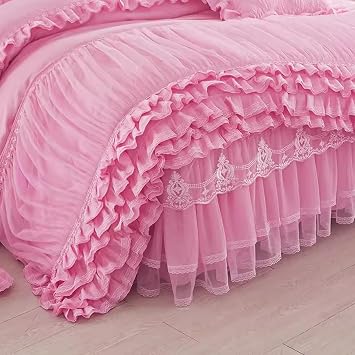 Lace Ruffled Quilt Cover Set, Princess Romantic Super Soft Bedding Set with Bed Skirt Pillowcases,Chic Zipper Closure Comforter Cover Set for Girls Room(1.5m(5FT) Bed, Rose red)
