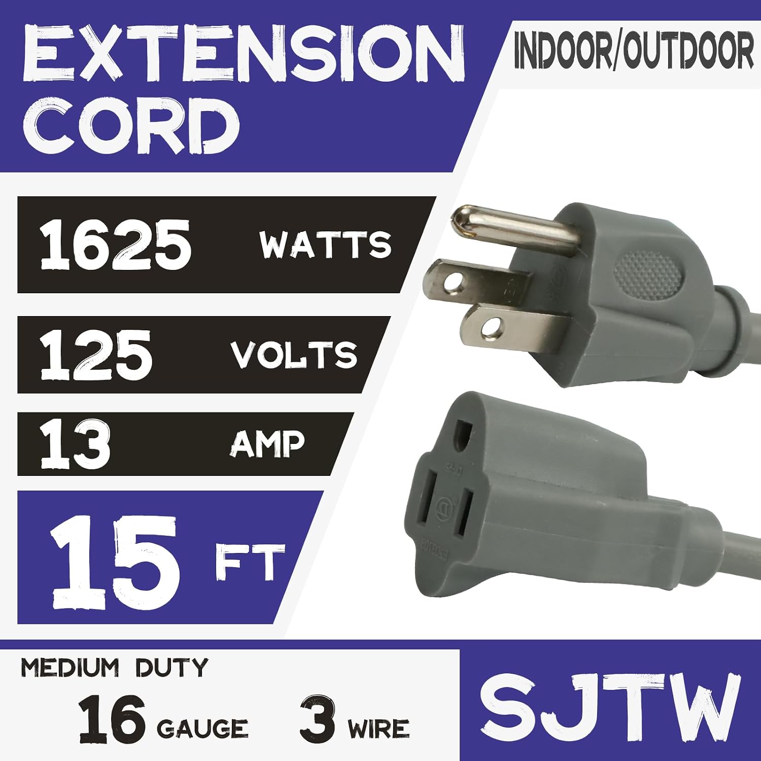 Heavy Duty Outdoor Extension Cord Waterproof - 15 Ft Extension Cords with 3 Prong Grounded Plug, 16/3 SJTW 13A 1625W Gray Extension Cable for Lawn, Garden, Appliances, Lights image 2