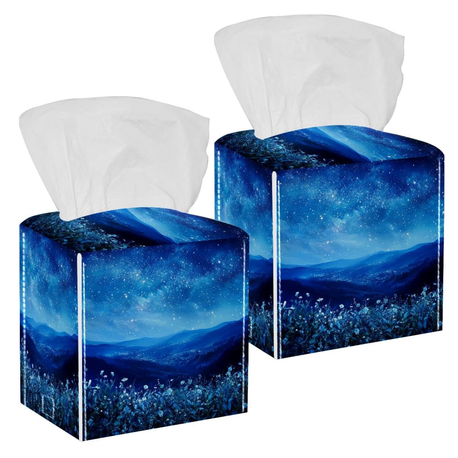 Starry Sky Grassland Tissue Box Cover, 2 Pack PU Leather Square Facial Tissue Dispenser Box holder for Home Office Car