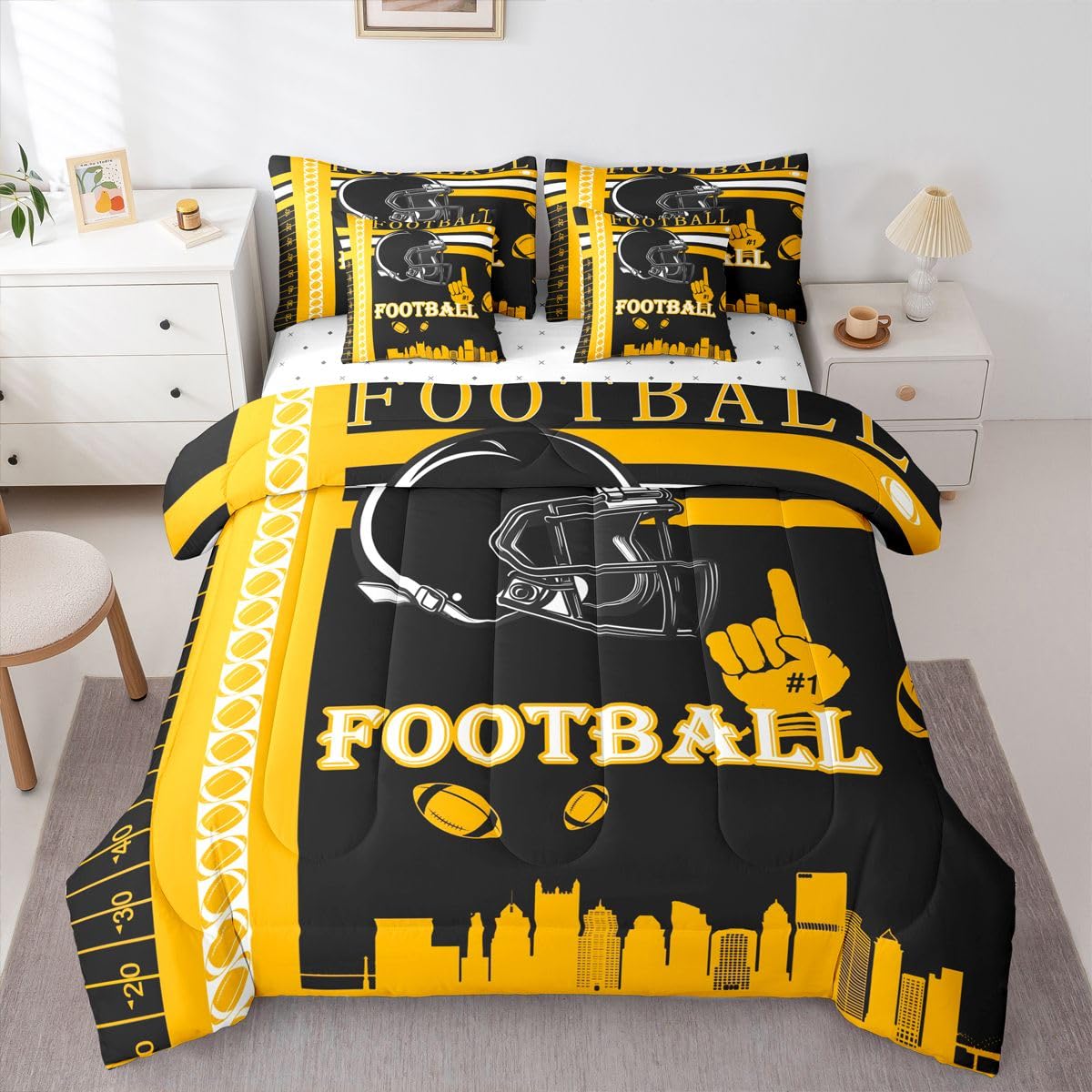 Feelyou Football 7 Pieces Comforter Sets Twin Size Bedding Set for Boys Kids Teen Sports Theme Football City Bed in a Bag with Comforter, Sheets,