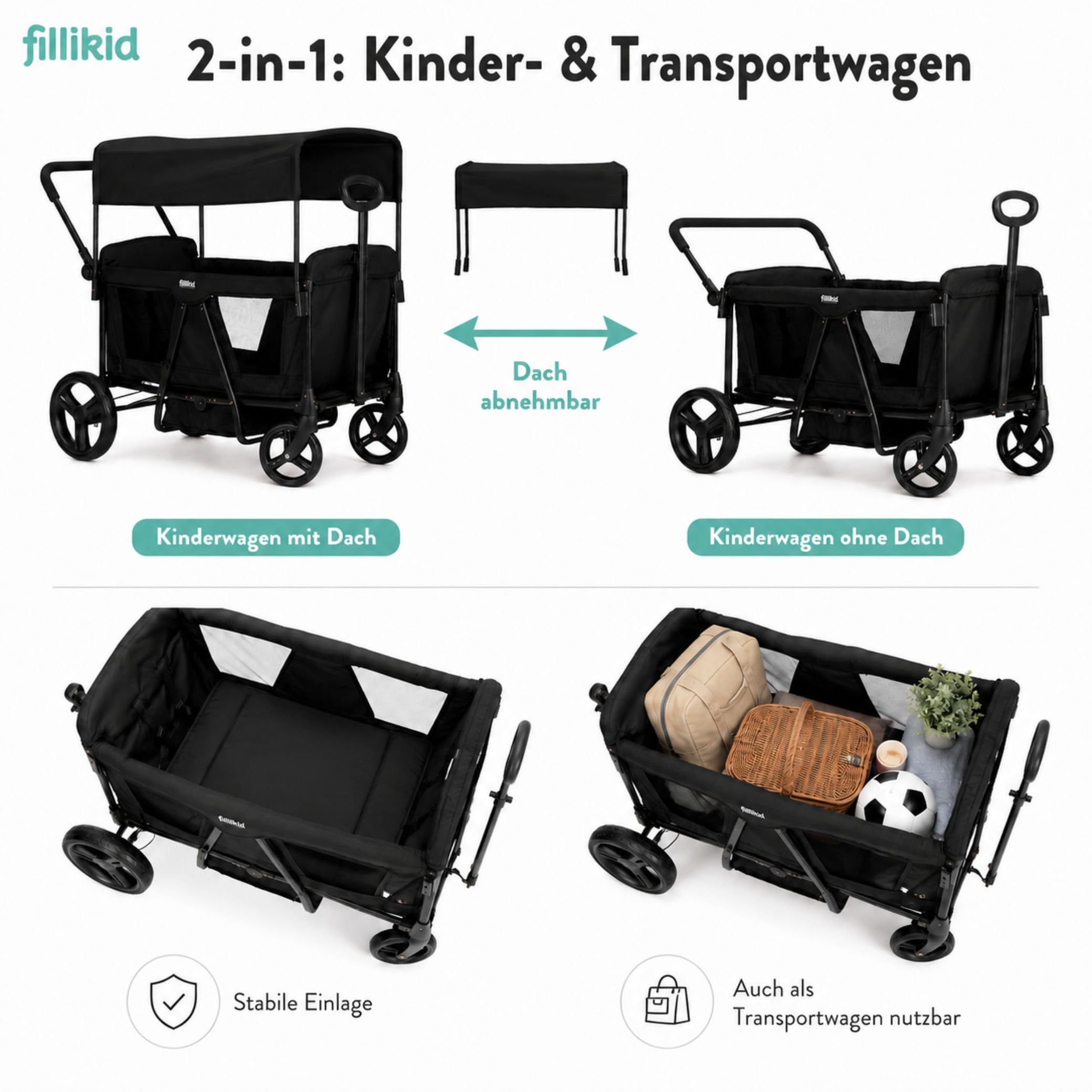 Fillikid Bollerwagen Oskar Exklusiv I Faltbarer Handwagen mit Dach, Schiebegriff I Transportwagen für Kinder & Gepäck, belastbar bis 88 kg I stabil & platzsparend klappbar I 2-Sitzer mit Gurtsystem