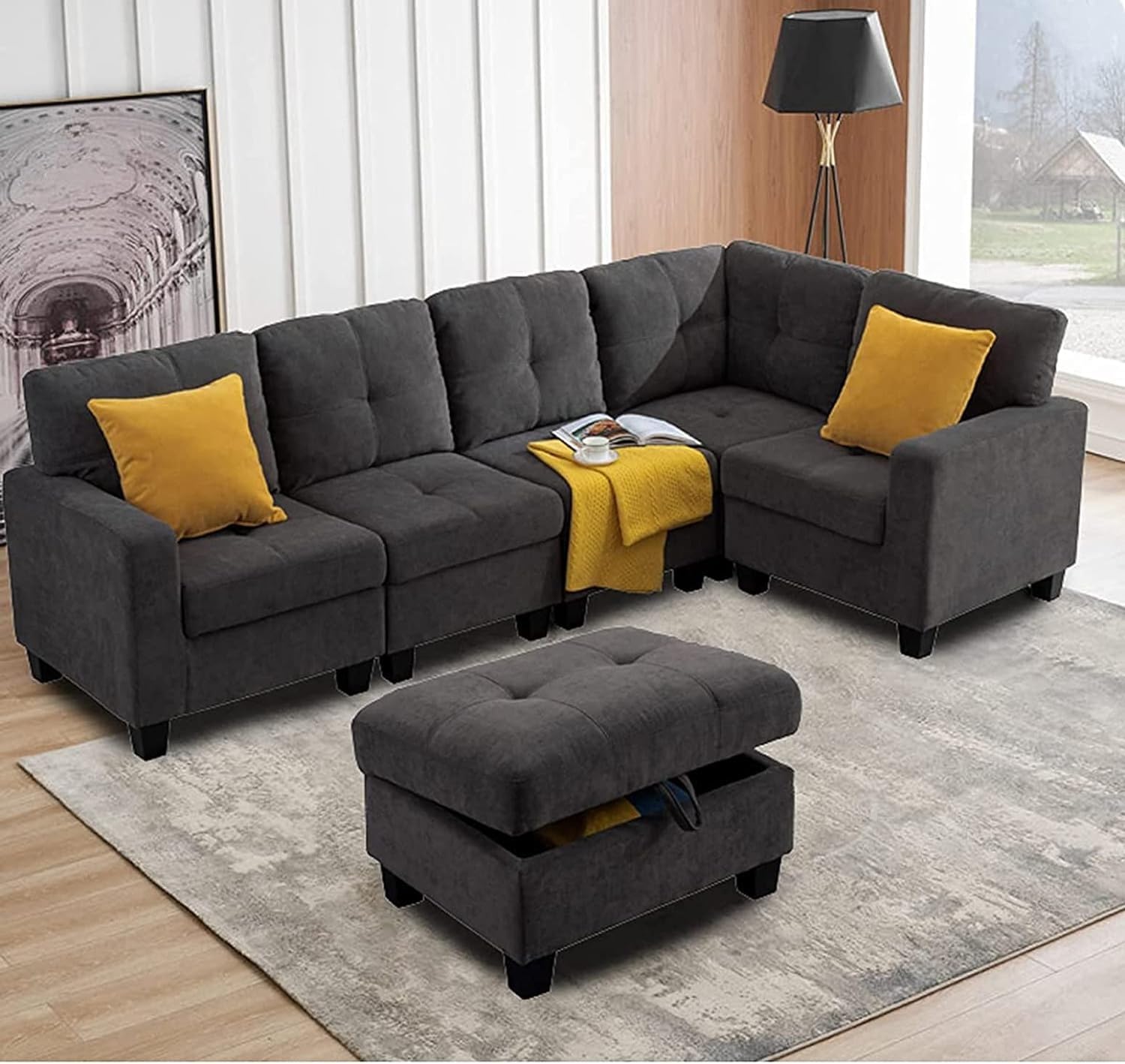 Cozyheaven Nailson 4 Seater Fabric Sectional Sofa Set for Living Room(Dark Grey)