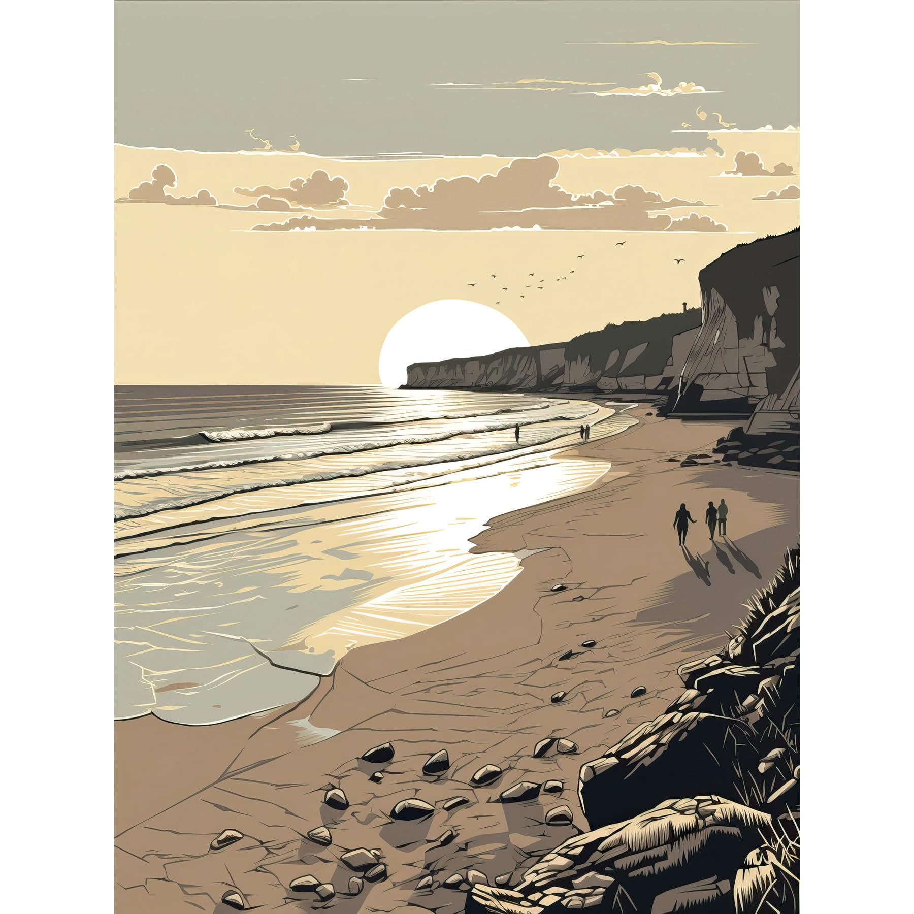 Artery8 Sunrise Walk on Filey Beach Coastal Illustration Large Wall Art Poster Print Thick Paper 18X24 Inch