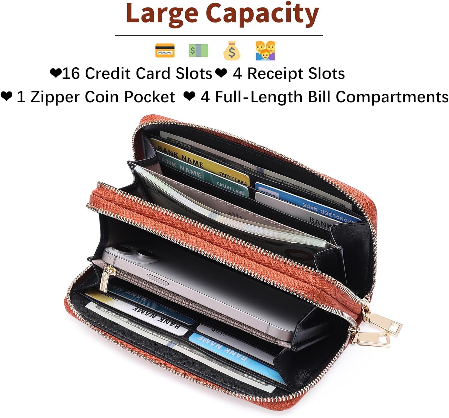 GOIACII Women's Wallet Large Capacity Double Zip Ladies Card Phone Holder RFID Blocking Wristlet Leather - Image 3