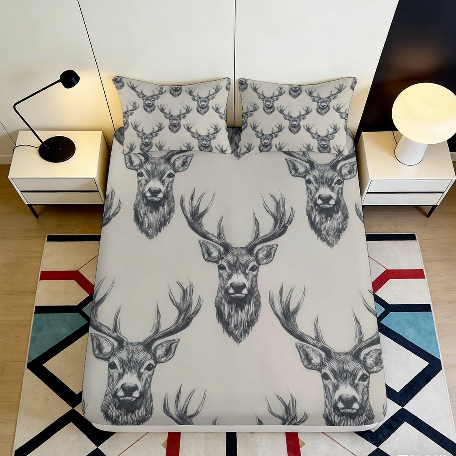 3D Printed stag pattern Fitted Sheet, Microfiber soft touch, apartment bedding, anti-slip, stylish decor, wrinkle resistant, bedroom, easy care, dustproof 90x200x25cm