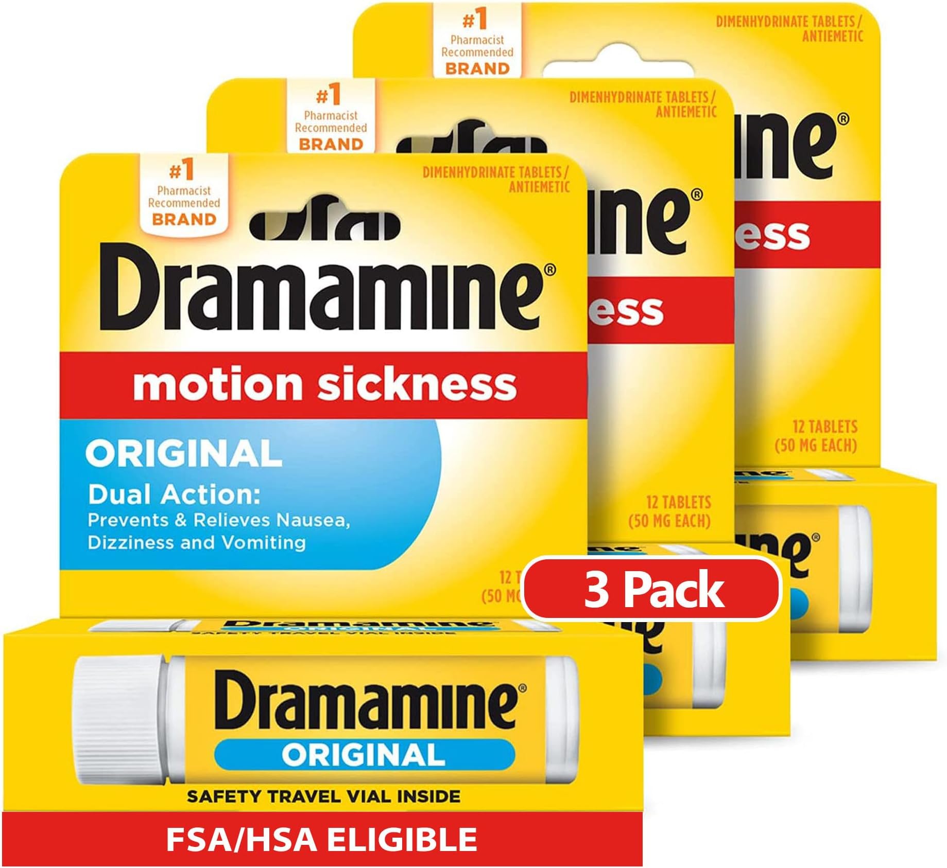 Motion Sickness Original, Travel Vial, 12 Count, 3 Pack