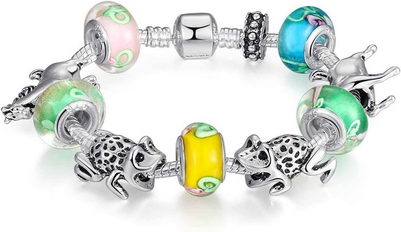 Fun Charm Jewelry Colored Glass Beads Frog Animal Silver Chain Love Charm Bead Bracelet 1038 20CM
