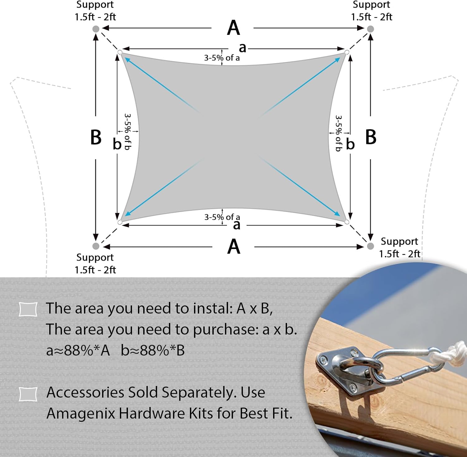 Amagenix Sun Shade Sail 10'X20' Rectangle Light Grey Heavy Duty UV Protection Breathable Canopy for Patio Lawn Garden Outdoor Use