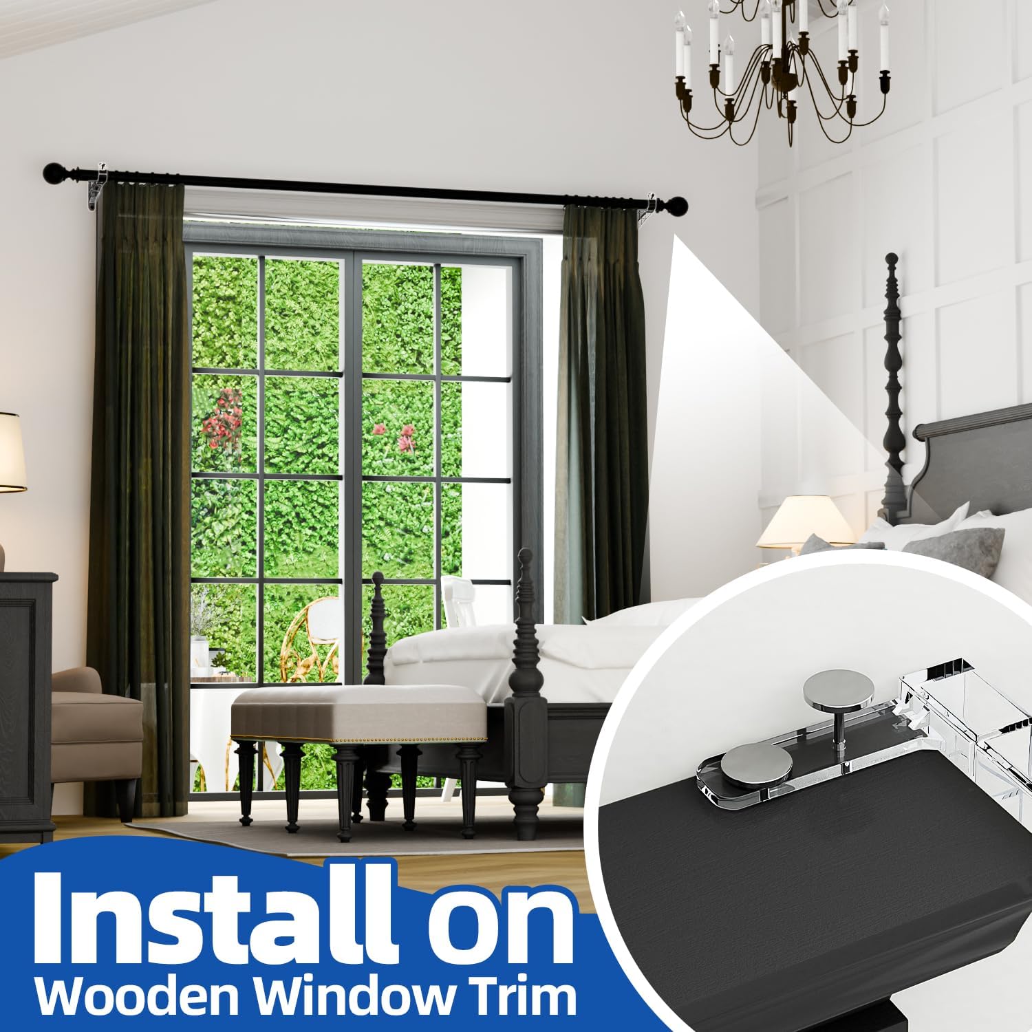 4 Pcs No Drill Curtain Rod Brackets, Clear Rod Holders, No Drilling Curtain Hooks Fit Max 1.25" Poles, Damage-Free Easy Hang for Living Room, Bedroom, Kitchen, Bathroom, Dorm Window Trim