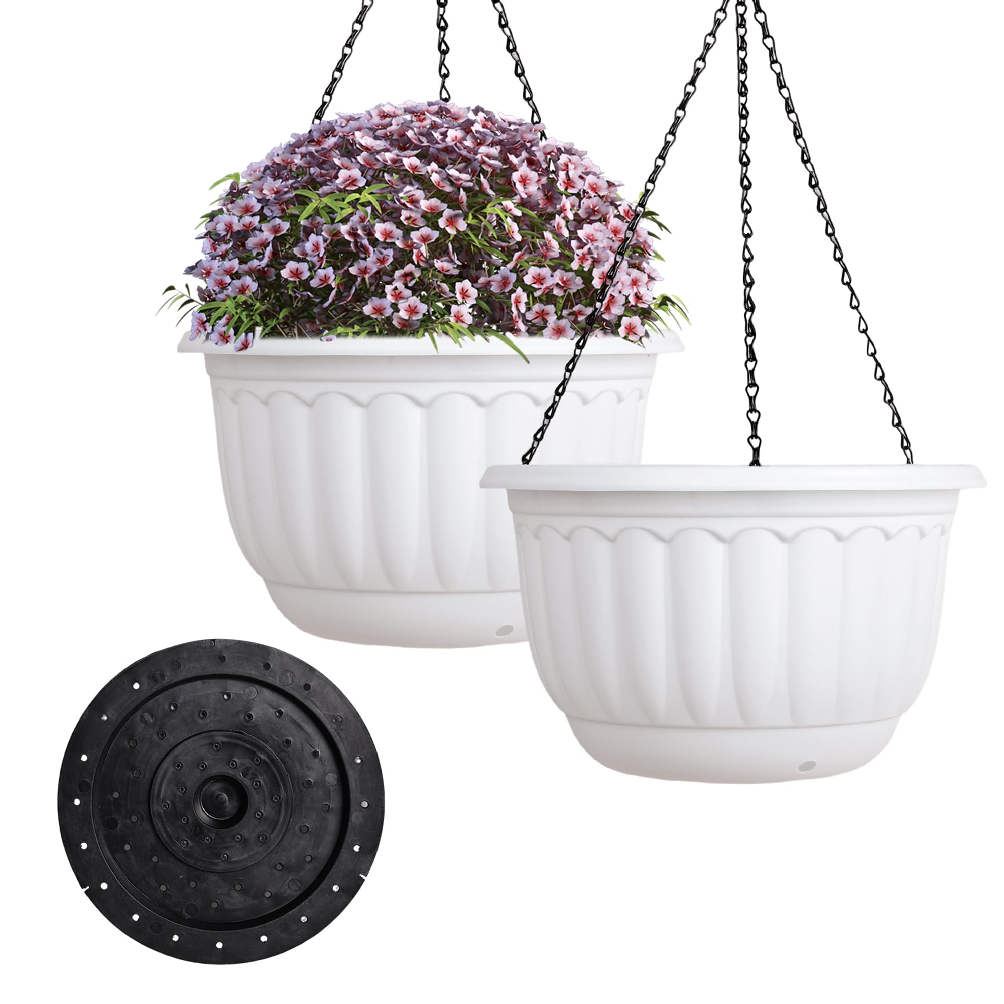 YIKUSHPlanters for Outdoor Plants 2 Pack White Plant Pots with Drainage Hole and Absorbing Tray Hanging Planters for Indoor Plants (12 inch, 3 Hooks)