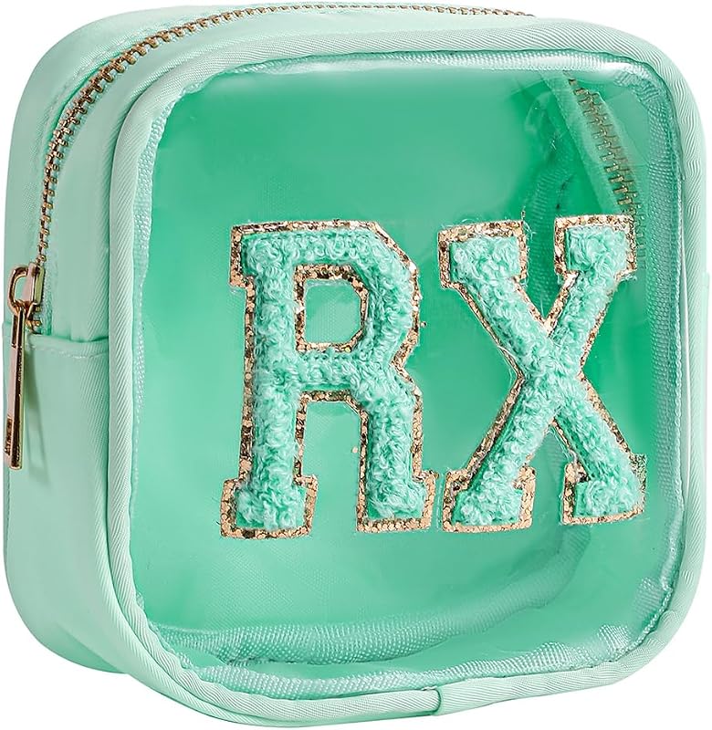 Necessaire transparente RSRSLEII com aplique de chenille 01Mint e zíper metálico