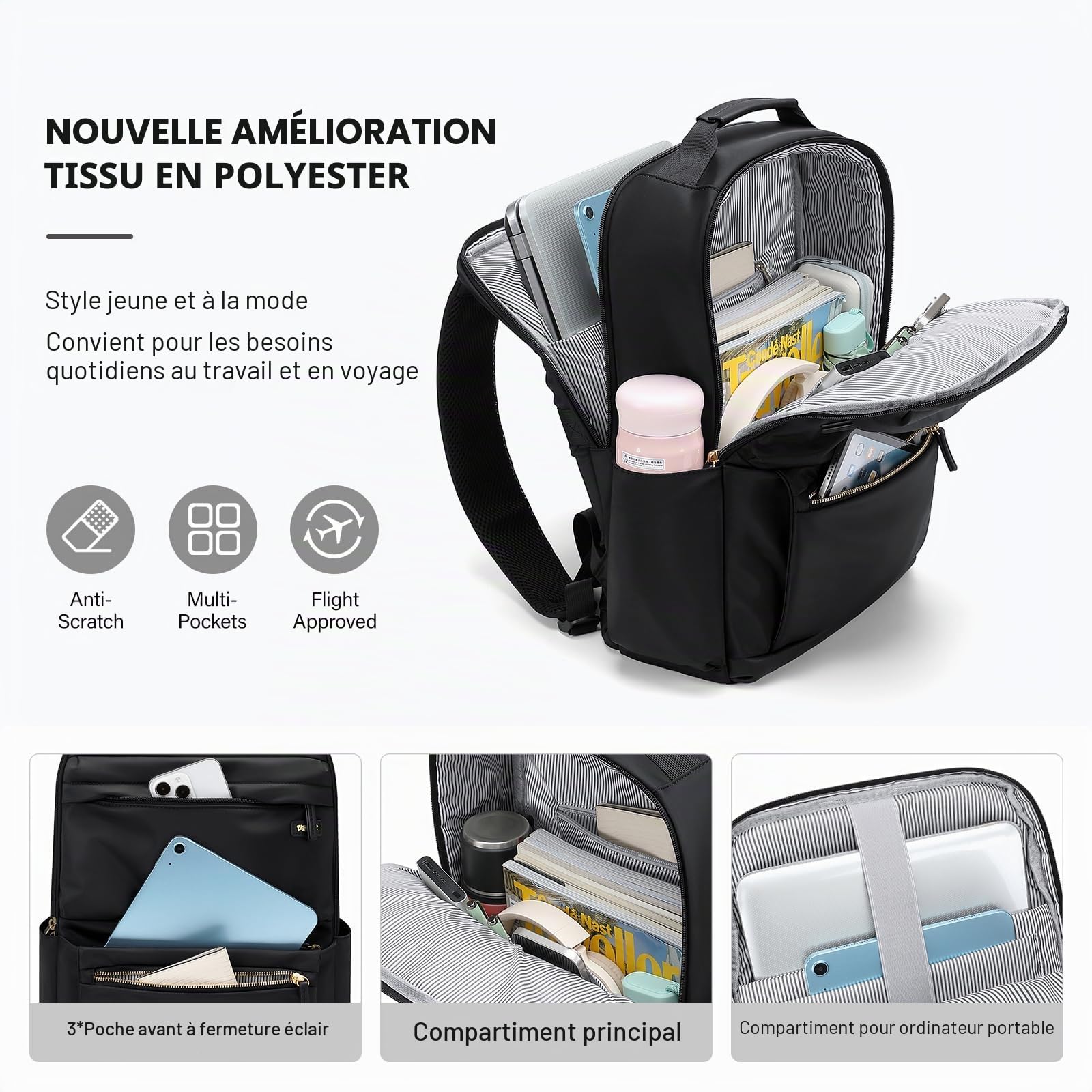 VNINE Sac a Dos Femme,15,6 Pouces Imperméable Sacs à Dos pour Ordinateur Portable pour Collège Voyage Loisir Travail Affaire
