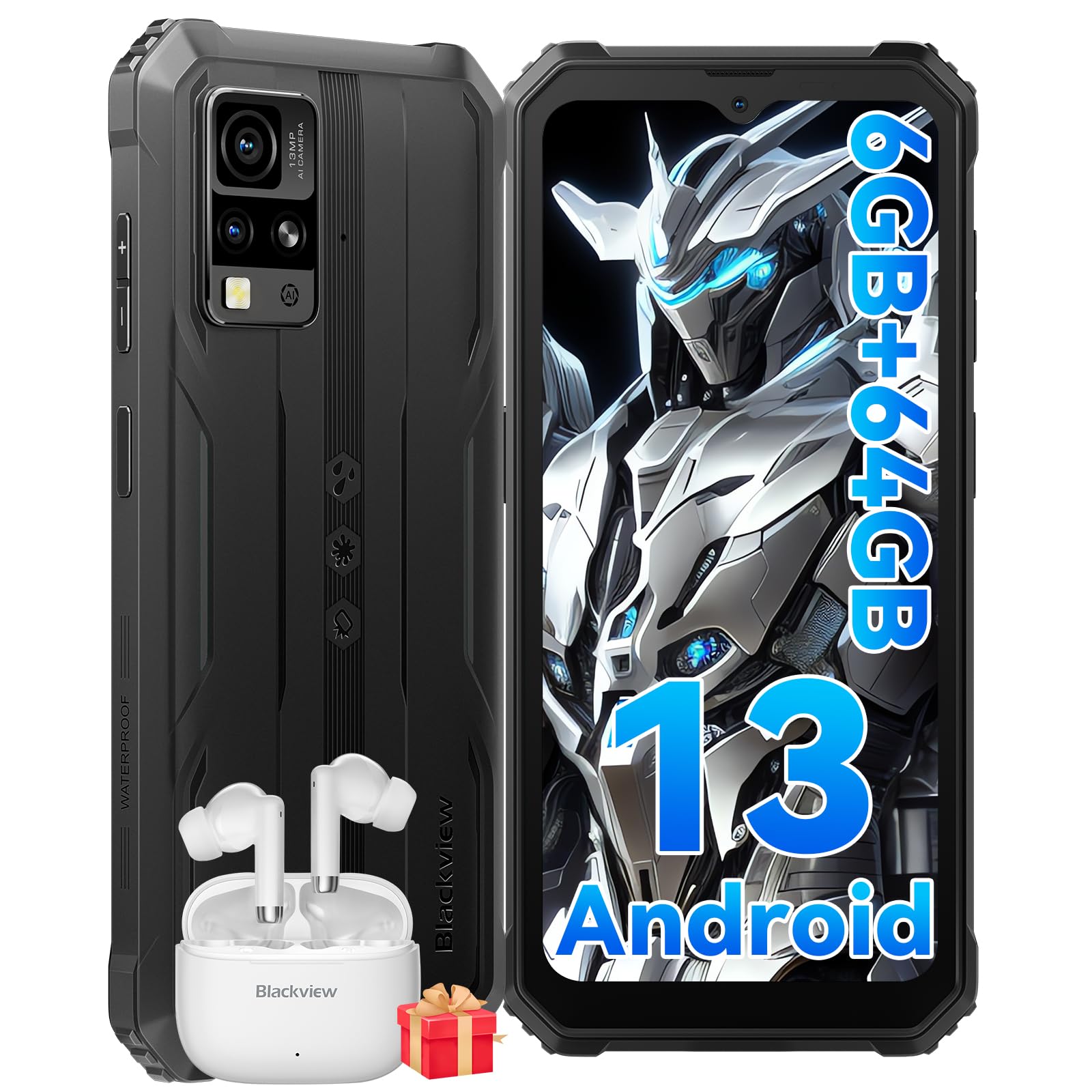 BlackviewRugged Phone, BV4800 Android 13 Phone, 6GB+64GB 2TB Expand Rugged Smartphone, 5180mAh Mobile Phones, 6.56''HD+, 13MP+5MP, NFC, 3 Card Slots, Face ID, IP68 Waterproof Phone Unlocked - Black