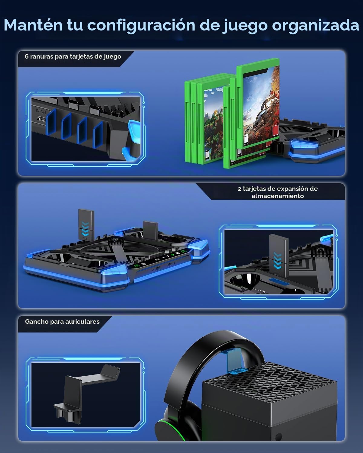 Sistema de ventilador de refrigeración automático mejorado y soporte de carga para consola Xbox Series X y controladores, accesorios con 11 luces RGB y batería recargable de 2 x 1400 mAh, soporte para