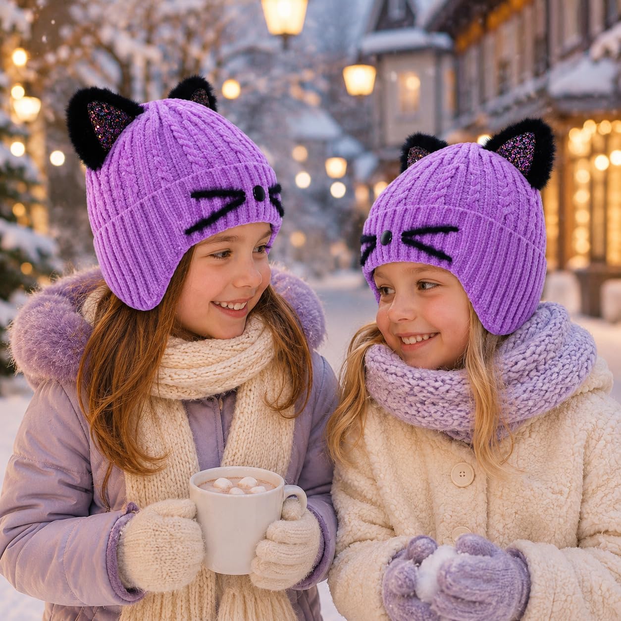 Kids Winter Hat Girls Sequin Cat Ears Knit Beanie with Earflaps